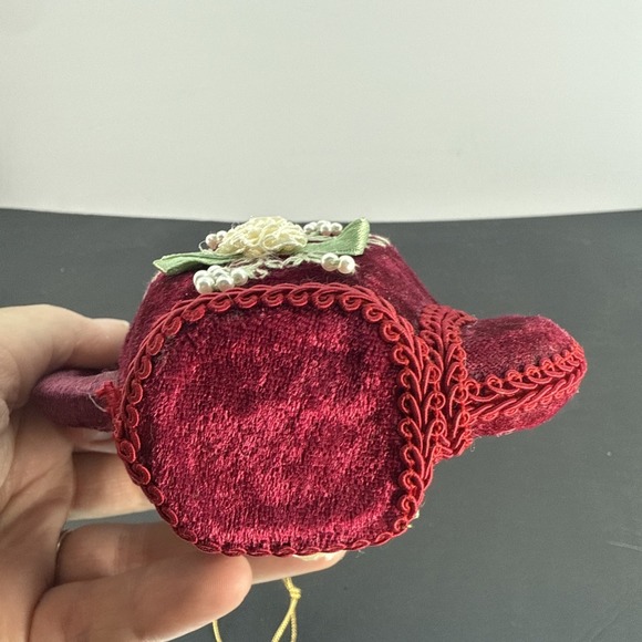 Red Rose Velvet Lace Teapot Christmas Ornament Embroidery Ornament Floral - Picture 9 of 9